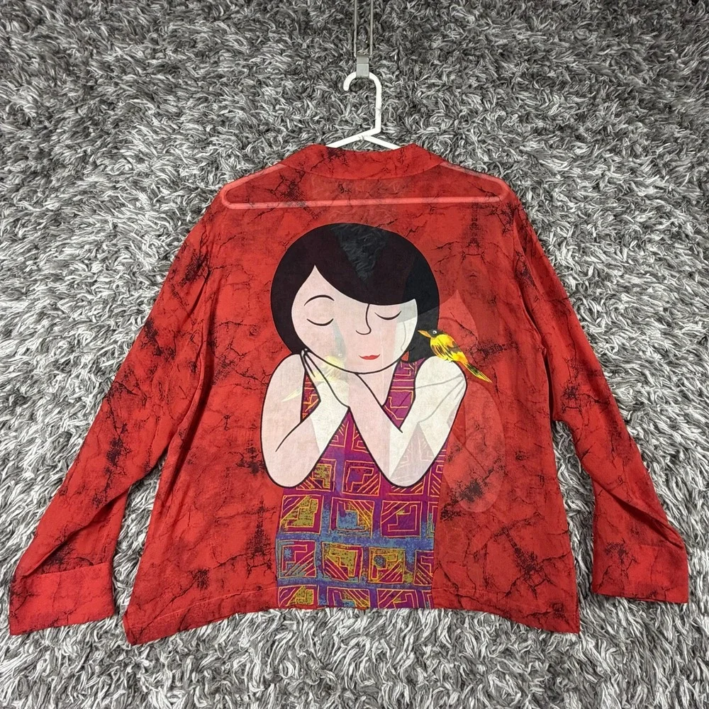 Chico's Design 100% Silk Red Artistic Girl Bird Graphic Button Down Shirt Size 3 - Picture 6 of 7